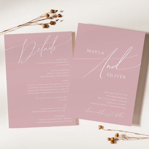 Whimsical Script  Dusty Rose All In One Wedding Invitation