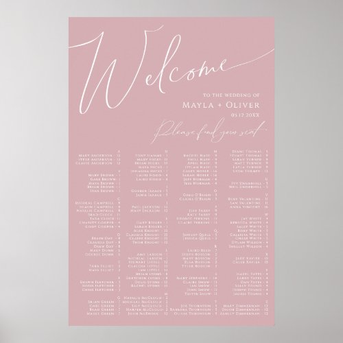 Whimsical Script  Dusty Rose Alphabetical Seating Poster