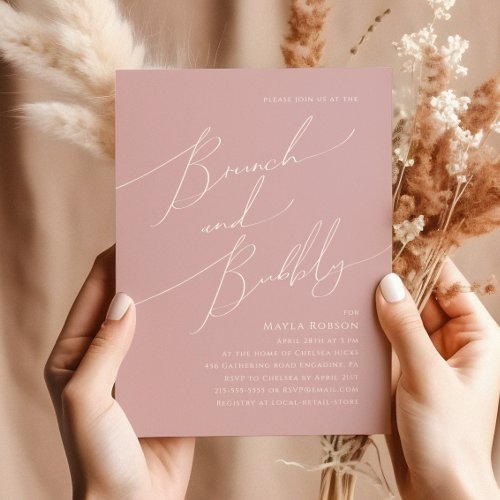 Whimsical Script  Dusty Rose Brunch and Bubbly Invitation
