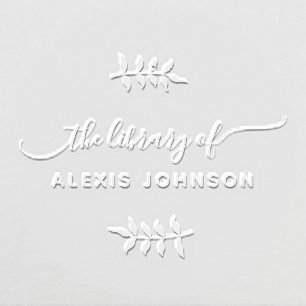 Whimsical Script Elegant Leaves Library Book Embosser