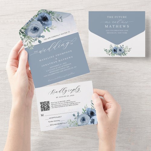 Whimsical Script Floral Dusty Blue QR Code Wedding All In One Invitation