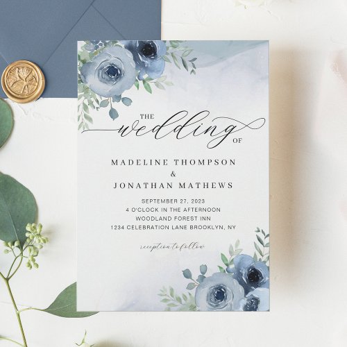 Whimsical Script Floral Dusty Blue Wedding Invitation