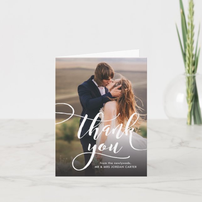Whimsical Script Full Photo Wedding Thank You Card (Front)