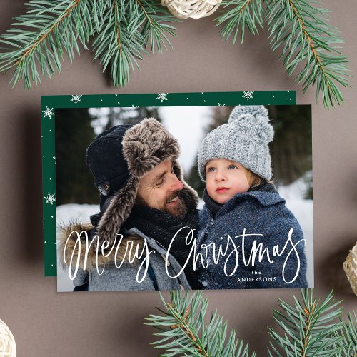 Whimsical Script Green Merry Christmas Photo Holiday Card