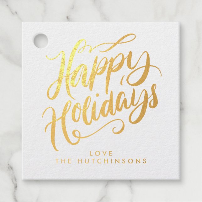 Whimsical Script Happy Holidays Gold Foil Gift Tag (Front)
