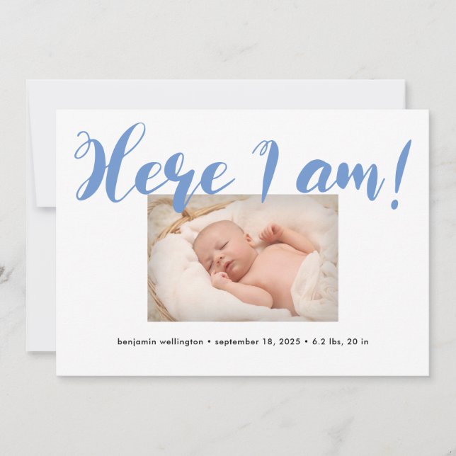 Whimsical Script Here I am Blue Boy Birth Announcement (Front)