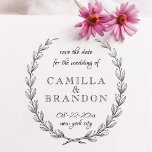 Whimsical Script Laurel Botanical Save The Date Rubber Stamp<br><div class="desc">This beautiful Wedding stamp features a rustic hand-drawn elegant laurel wreath and a mix of whimsical calligraphy script and classic vintage font. It reads from the top: ´´save the date for the wedding of´´, couple´s custom names and wedding date and the city. Customize this stamp by clicking on the ´´Personalize...</div>
