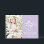 Whimsical Script Lavender First Holy Communion Thank You Card<br><div class="desc">Send thanks to family and friends with this customizable first communion thank you flat card. It features a whimsical script on a lavender background and quatrefoil pattern. This elegant photo thank you card will also be perfect for Baptism and Christening thank you card.</div>