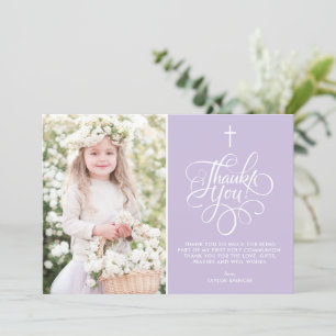Whimsical Script Lavender First Holy Communion Thank You Card