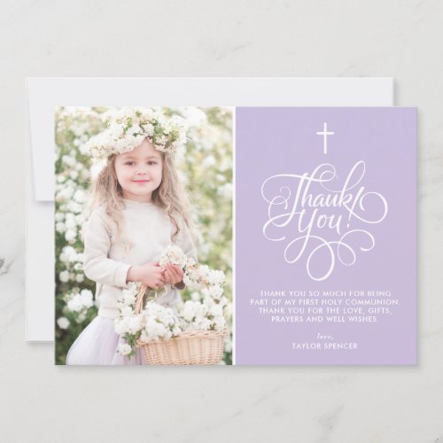 Whimsical Script Lavender First Holy Communion Thank You Card