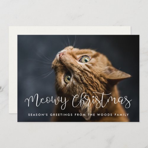 Whimsical script Meowy Christmas Cat photo Holiday Card
