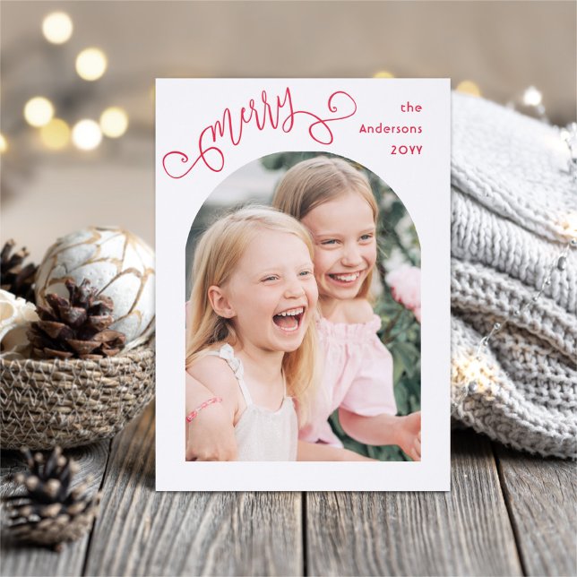 Whimsical Script Merry Simple Christmas Arched Letterpress Photo Cards (Creator Uploaded)