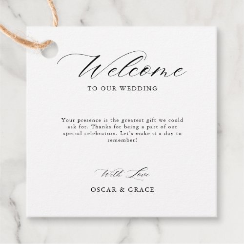 Whimsical Script Minimalist Black Wedding Welcome Favor Tags