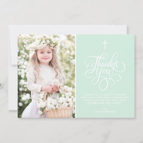 Whimsical Script Mint Green First Holy Communion Thank You Card