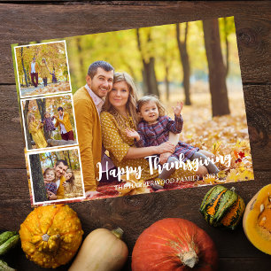Whimsical Script Multi Photo Family Thanksgiving Holiday Card