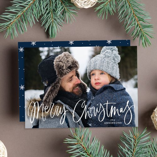 Whimsical Script Navy Merry Christmas Photo Holiday Card