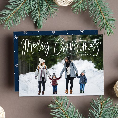 Whimsical Script Navy Merry Christmas Photo Holiday Card