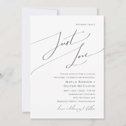 Whimsical Script Nothing Fancy Just Love Wedding Invitation 