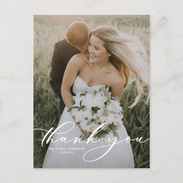Whimsical Script Overlay Photo Wedding Thank You Postcard (Front)
