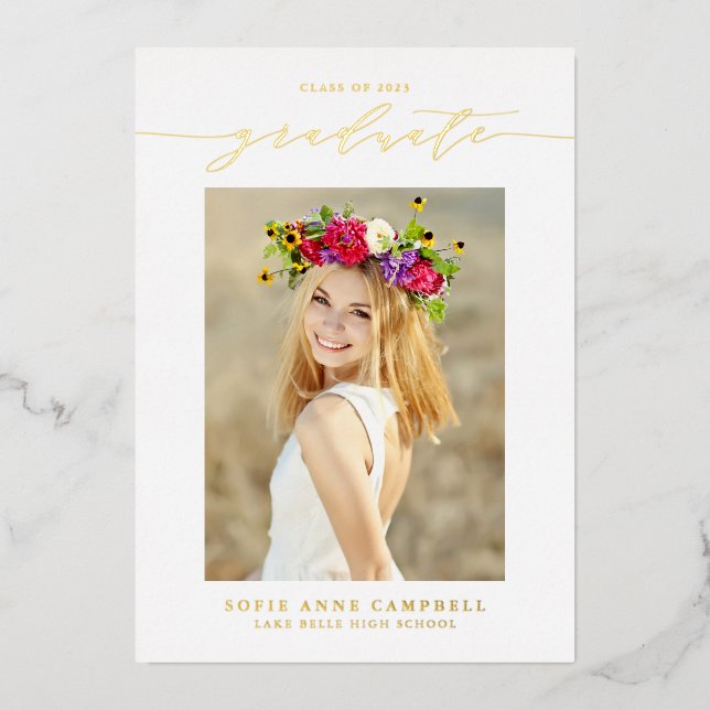 Whimsical Script Photo Graduation Party Foil Invitation (Front)