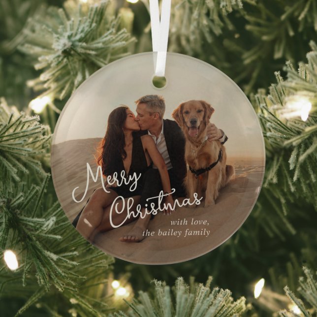 Whimsical Script Photo Modern Christmas Glass Ornament (Insitu)