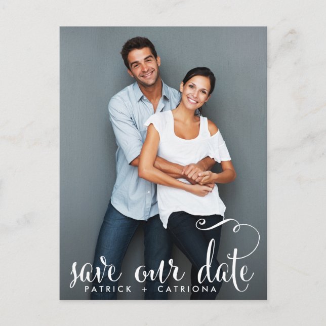 Whimsical Script Photo Save Our Date Postcard II (Front)