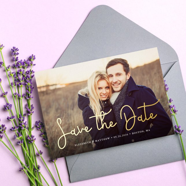 Whimsical Script Photo Wedding Save the Date Foil Invitation (Creator Uploaded)