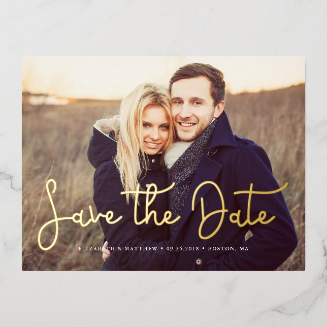 Whimsical Script Photo Wedding Save the Date Foil Invitation Postcard (Front)
