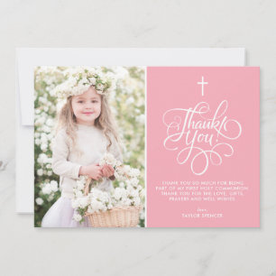 Whimsical Script Pink First Holy Communion Photo Thank You Card
