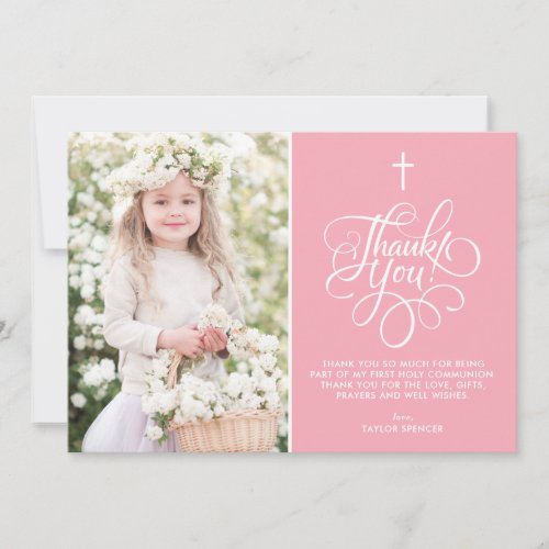 Whimsical Script Pink First Holy Communion Photo Thank You Card