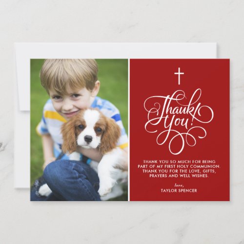 Whimsical Script Red First Holy Communion Photo Thank You Card