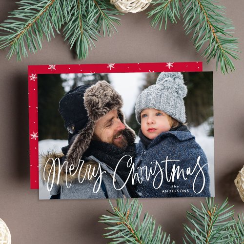 Whimsical Script Red Merry Christmas Photo Holiday Card