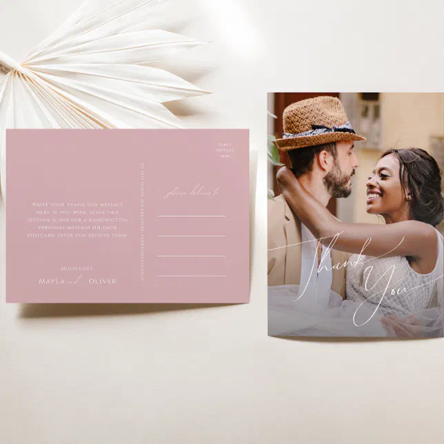 Whimsical Script | Rose Photo Wedding Thank You Postcard | Zazzle