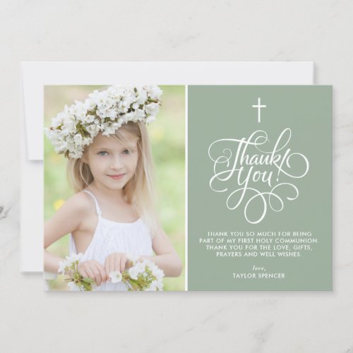 Whimsical Script Sage First Holy Communion Photo Thank You Card