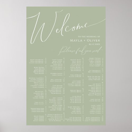 Whimsical Script  Sage Green Alphabetical Seating Poster