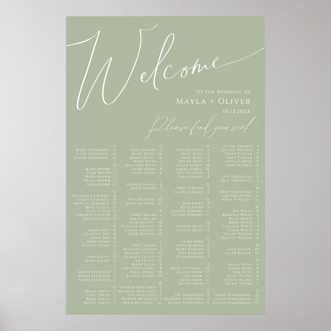 Whimsical Script | Sage Green Alphabetical Seating Poster (Front)