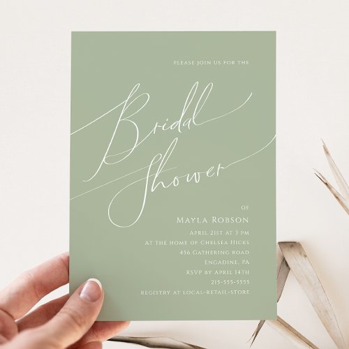 Whimsical Script  Sage Green Bridal Shower Invitation