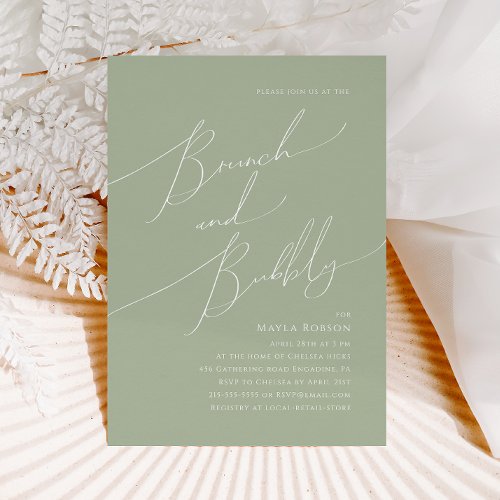Whimsical Script  Sage Green Brunch and Bubbly Invitation