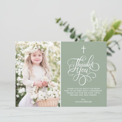 Whimsical Script Sage Green First Holy Communion
