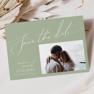 Whimsical Script   Sage Green Horizontal Photo Save The Date