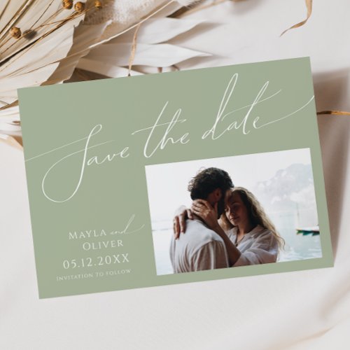 Whimsical Script  Sage Green Horizontal Photo Save The Date