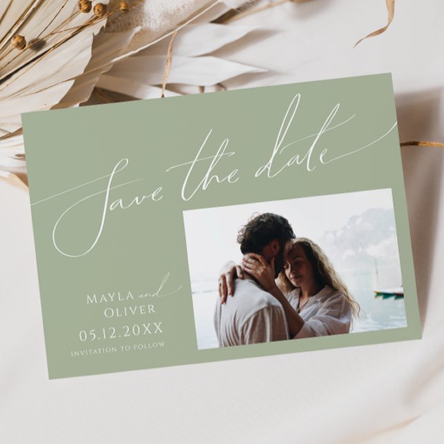 Whimsical Script | Sage Green Horizontal Photo Save The Date (Creator Uploaded)