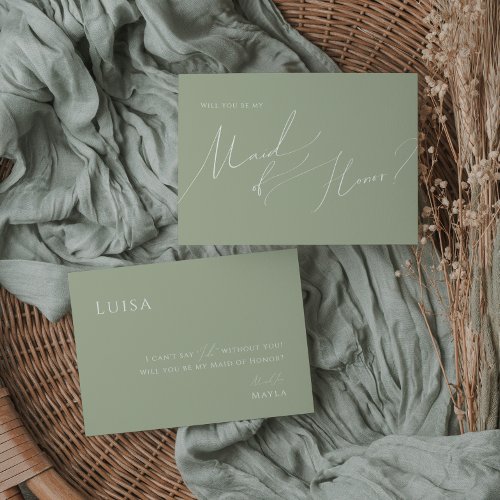 Whimsical Script  Sage Green Maid of Honor Card