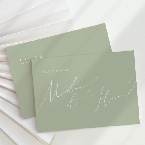 Whimsical Script  Sage Green Matron of Honor Card
