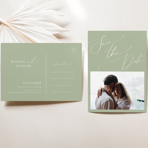 Whimsical Script  Sage Green Photo Save The Date Invitation Postcard