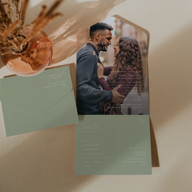 Whimsical Script | Sage Green Photo Seal and Send All In One Invitation (Creator Uploaded)
