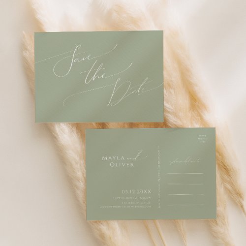 Whimsical Script  Sage Green Save The Date Invitation Postcard