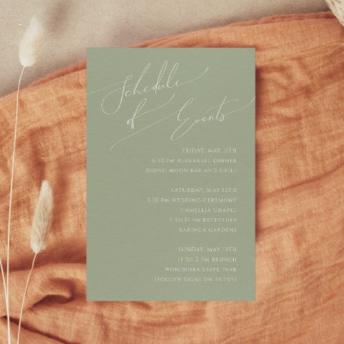 Whimsical Script  Sage Green Schedule of Events Enclosure Card