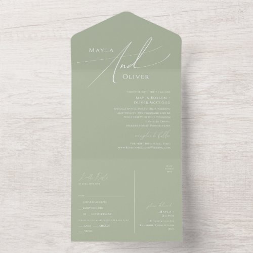 Whimsical Script  Sage Green Seal and Send All In One Invitation