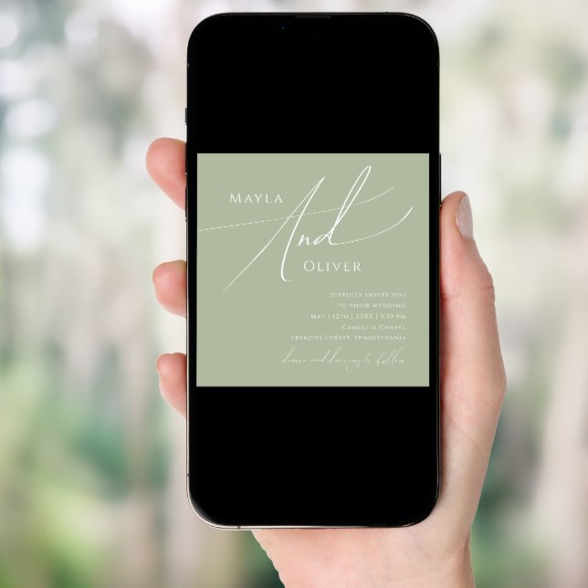 Whimsical Script | Sage Green Square Wedding Invitation (Front Digital)